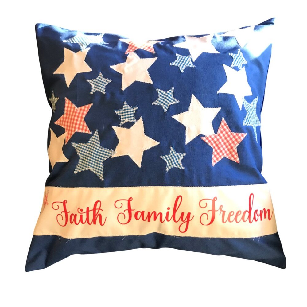 Patriotic Pillow Cover Patchwork Stars Faith Family Freedom Applique 18 x 18